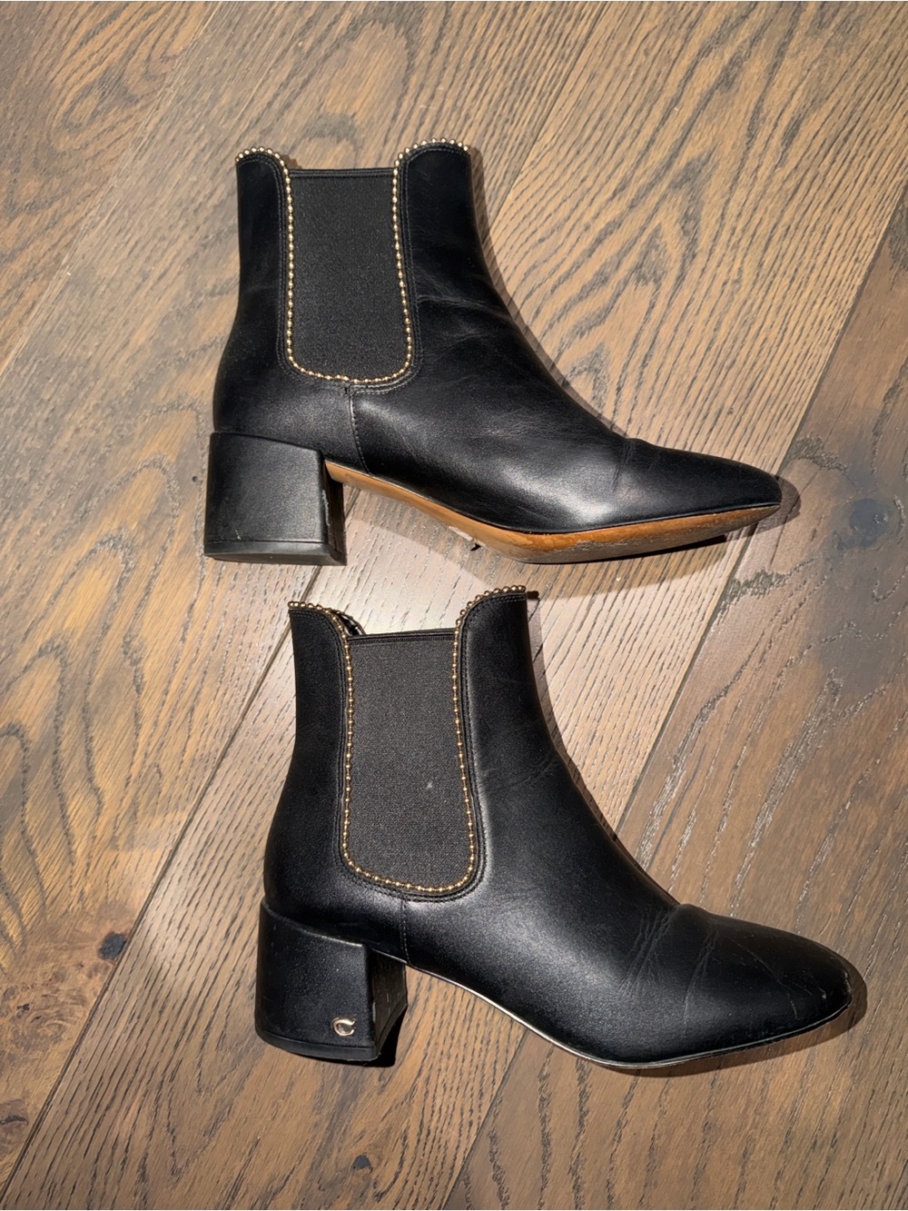 Coach Torri Ankle 2” Heel Leather Bootie | Black + Gold Chain Lining | US 8